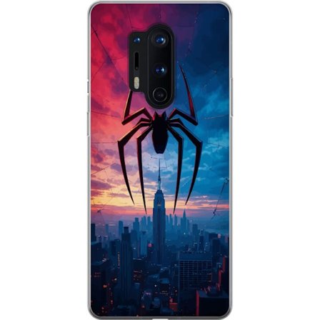 Yhteensopiva Puhelinkuori OnePlus OnePlus 8 Pro Tyylikäs hämähäkki kaupungin horisontin yläpuolella dramaattisessa auringonlaskussa, graafinen fa