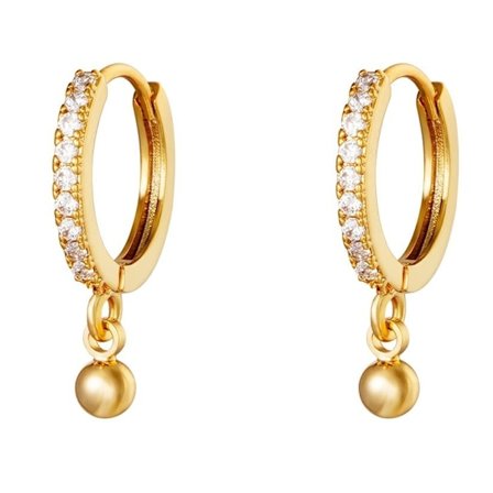 Strass Guld Örhängen - Hoop / Creoler med Vita Zircon Stenar samt ett Hänge i form av en Kula / Boll - Guldpläterade