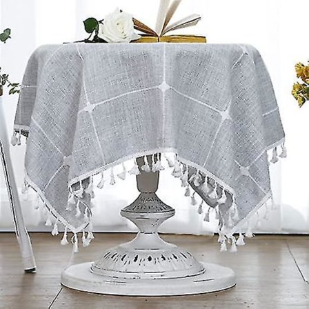 Rutig liten fyrkantig bordsduk i bomullslinne med fransar