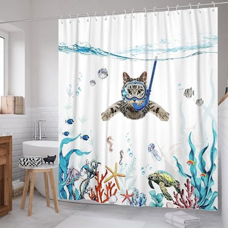 Blå rolig katt duschdraperi, 72'72' set teal havsvatten vattentät tyg duschdraperier med djur bläckfisk sjöstjärna sköldpadda ankare fisk nautisk