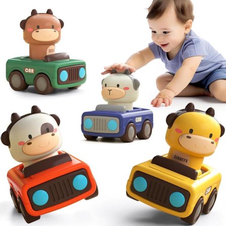 Push and Go Animal Cars 4-Pack for 1-3 Year Olds, Toy Cars for Babies as a Christmas Gift, Animal Cars for Sensory Development