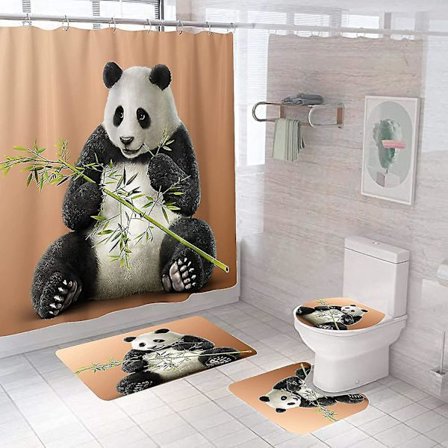 4-delad Panda Duschdraperi-set med halkfri matta, toalettlock, U-matta, badmatta och duschdraperi med 12 krokar Vattentätt duschdraperi-set F