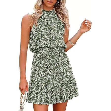 Sommerkjole for kvinner 2023, halterhals, plissert A-linje, rynket blomstermønster, glidelås bak, ryggløs solkjole