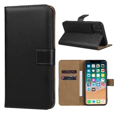 Iphone 11 Pro Max - Plånboksfodral I Äkta Läder - Svart Black Svart