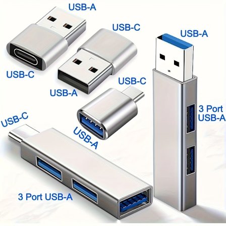 5 monipuolisen USB-sovittimen sarja, muuntaa USB C:n USB A:ksi, sisältää USB 3.0 -keskittimen nopeaa latausta ja OTG-toimintoja varten