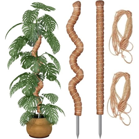 2 stk. 90CM bøjelige mospinde med 2 stk. 2M lang hamptov, kokosnøddestok til planter, klatrehjælp til slyngplanter, Ga