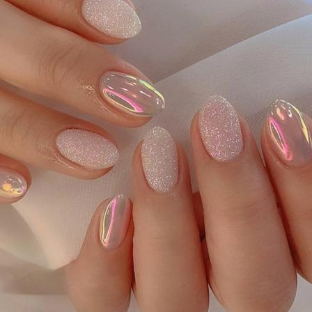 24 stk falske negler korte mandel, franske tips trykk på negler blanke Aurora glitter falske negler med lim klistremerker, gjenbrukbare akryl full 