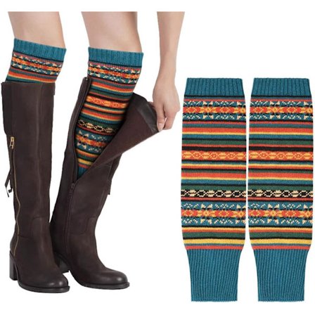 Strikkede benvarmere til kvinder, 1 stk. boheme benvarmere til kvinder, lange benvarmere i uld til vinter, stribet etnisk strik uden fødder