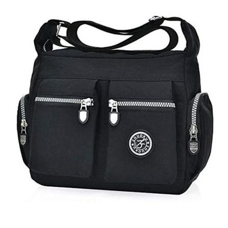 (Sort) Skuldertaske, afslappet taske til damer, vasket nylontaske, en skuldertaske, mor-taske (sort)