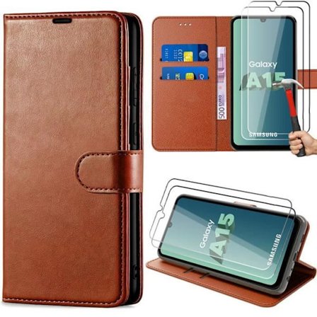 Coque - BOOLING - för Samsung Galaxy A15 5G - Brun lädereffekt - Kortfack - Stödfunktion