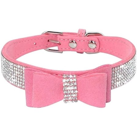Størrelse XS - Rosa Hundehalsbånd med Rhinestones, Søtt Mykt Semsket Skinn Halsbånd med Glitter for Hund eller Katt - Halsbånd med Rhinestones - 