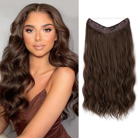 Halo Hair Extensions Osynlig tråd Vågigt lockigt långa syntetiska hårstycken för kvinnor Justerbart pannband Color8 24 inch