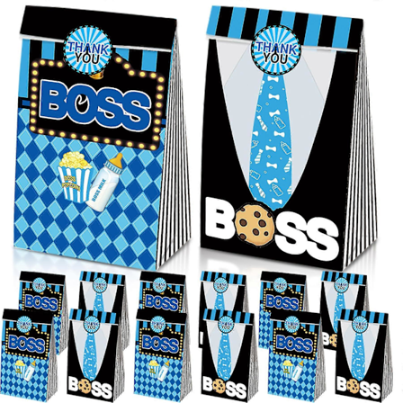 12 stk. Baby Drenge Boss Fest Gaveposer, Boss Godtepose Slikposer Til Blå Sort Lille Gentleman Fødselsdag Baby Shower