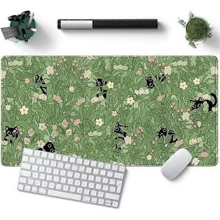 Grønn Skrivebordsmatte XL Søt Katt Kul Skrivebordsmatte Tastaturmatte Kawaii Svart Katt Blomst Musematte Grønn Skrivebordsmatte Skrivebordsdekor med 