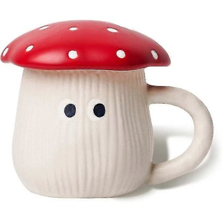 Sød Svampekop med Låg, Håndlavet Glaseret Paraplydæksel & Øjne, Sikker Matt Keramik Mælkekrus, 12oz Amanita Muscaria Tekop.
