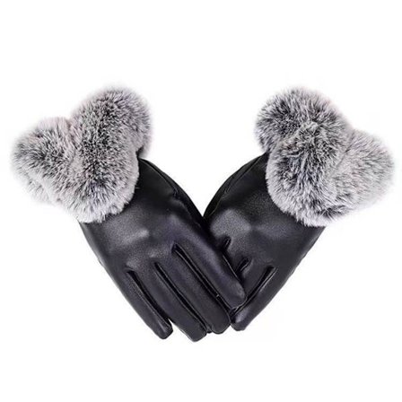 Sammetar Imitation Kaninpels PU Handsker Komfortable Åndbare Handsker Til Kvinder Piger Sort One Size