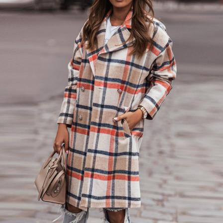 Kvinnor Rutig Jacka Dubbelknäppt Lapel Neck Långärmad Coat