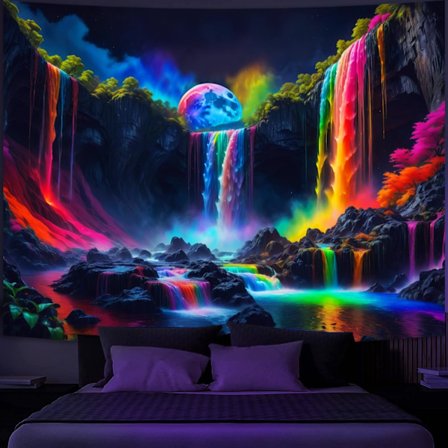 Blacklight Fantasy Waterfall Planet Gobelin UV-reaktiv Natur Gobelin Neon Landskab Mo