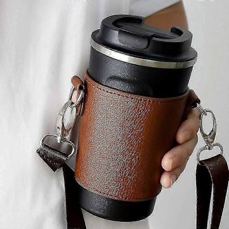 Bærbar kopholder i PU-læder, kaffekopholder i PU-læder med skulderstropper, genanvendelig kaffeærme i læder - Excellence