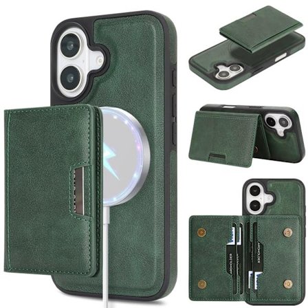 iPhone 17, Magnetisk Kortholder, Telefondeksel i Imitert Skinn, Grønn