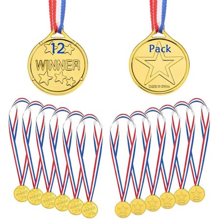 Kultaiset voittajamitalit 12 kappaletta, lasten muoviset voittajamitalit olympiatyyliset mitalit kaulahihnoilla, personoidut juhlasuosiomitalit