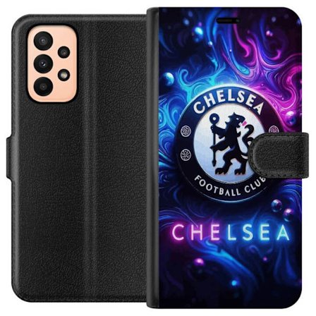 Yhteensopiva Lompakkokotelo Samsung Galaxy A23 Chelsea Football Clubin logo sinisellä ja violetilla neonmaisella savikuviolla taustalla