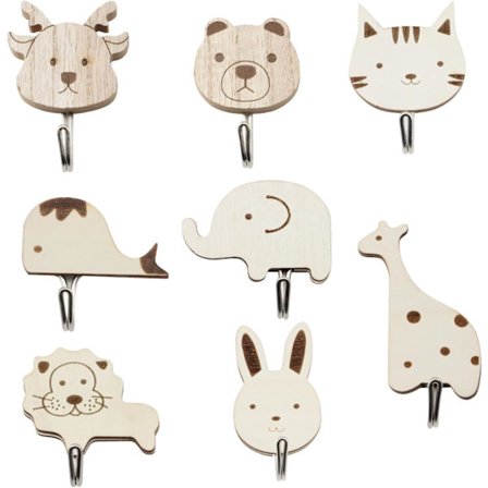 8 kpl Puinen Liimattava Seinäkoukku Lastenhuoneeseen - Söpö Sarjakuvaeläinmuotoilu (Kani, Kirahvi, Leijona, Elefantti, Valas, Peura, Karhu) -