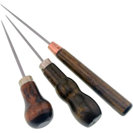 Skinnål i skinn, skinnål, skinnsømverktøy, syl med treskaft, hullslager