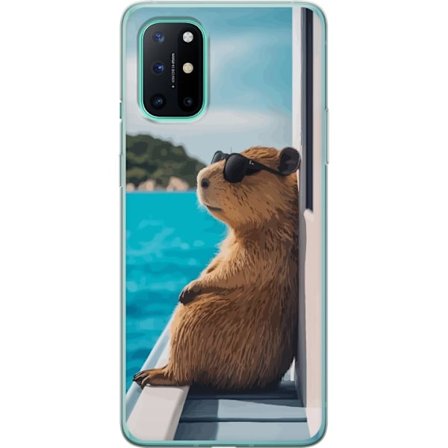 Kompatibel Mobilcover til OnePlus OnePlus 8T Afslappet kapibara med solbriller ved havet, sjovt og humoristisk motiv der spreder glæde og feriestemni