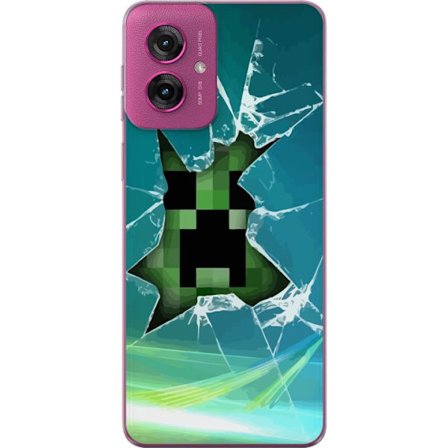 Yhteensopiva Puhelinkuori Motorola Moto G55 Minecraft Creeperin läpi särjetystä lasista dramaattisella räjähdysvaikutuksella, jossa ikoninen Creeper r