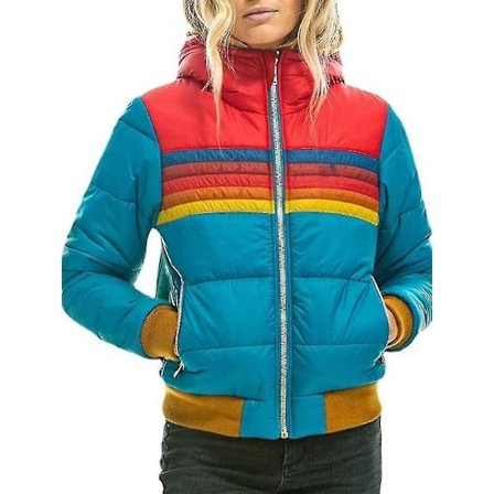 Regnbuejakke med glidelås for kvinner, vattert vinterjakke med hette, blå XS!
