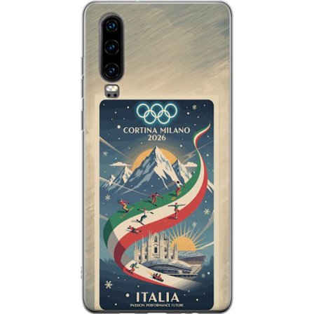 Yhteensopiva Puhelinkuori Huawei P30 Mäkihyppykuvitus, jossa hiihtäjä tähtää kiväärillä lumisella radalla, teksti Milano Cortina 2026 ja olympialaiste