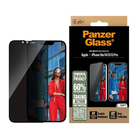 PanzerGlass iPhone 16e/14/13/13 Pro Privacy Skjermbeskytter Ultra-Wide Fit w. Aligner