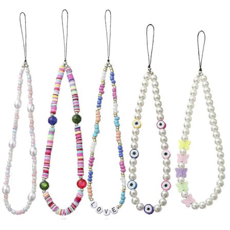 5 stk. Telefonvedhæng med perler, mobiltelefon snor, håndledsrem, ler, akryl mobiltelefon (h})