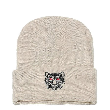 Ensfarvet tigerbroderet strikhue, fleeceforet og fortykket for varme, unisex