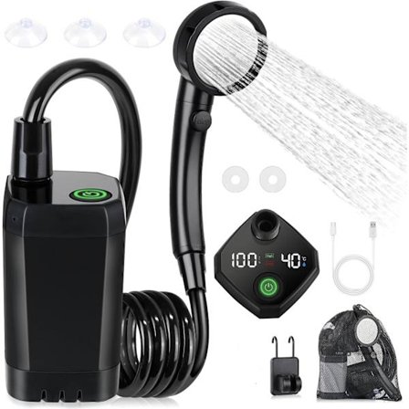 Bærbart brusebad til camping, genopladeligt campingbrusebad med smart LED-display, IPX7 vandtæt udendørs campingpumpe til vandreture, biler, kæledyr