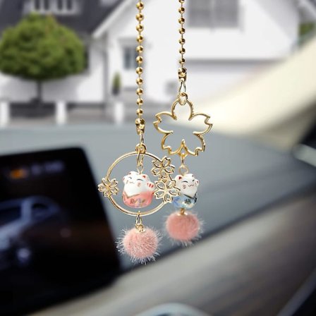 Par med Maneki Neko spegelhängande par lyckokatt med Sakura för bilinredning prydnad (sakura & katt)