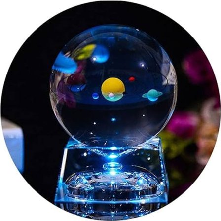 3D Krystalkugle med Solsystem Model og LED Lampe Base, 80mm