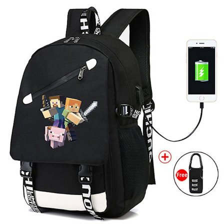 Minecraft Rygsæk Sort USB Oplader Port Vandtætte Rejsetasker Skoletaske 15 Computer Business Taske Vandtæt Mochilas