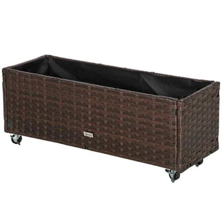 Rootz Højbed - Rattan Haveseng - Blomsterkasse - Polyrattan med hjul - Plantekasse med drænhuller - Kaffebrun - 94,5 x 31 x 36 cm