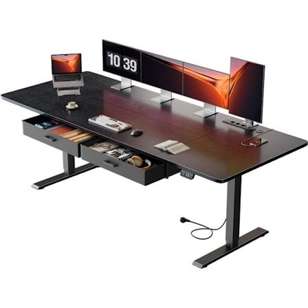 HLONONE Hæve-sænke skrivebord Elektrisk 200 x 80 cm, Bord med USB-C porte, Højdejusterbart bord med 2 udfoldelige skuffer, Sort