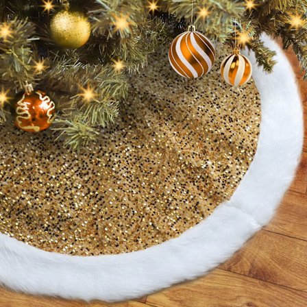 Guld julgransmatta med paljetter i konstgjord päls, 48 tum