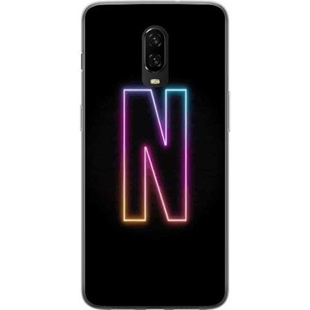 Kompatibelt Mobilskal till OnePlus OnePlus 6T Minimalistisk neonbokstav N i färgskiftande ljus mot svart bakgrund
