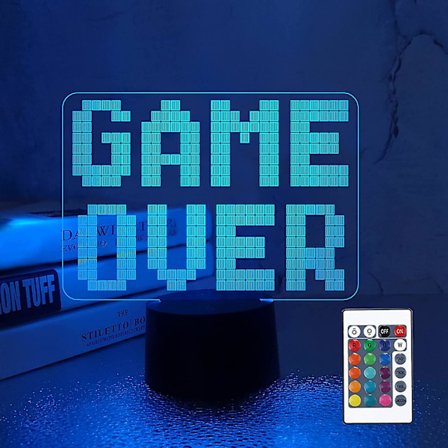 Veeki Game Over LED 8bit Lampe Nattlys 3D Illusjonslampe for Barn, 16 Farger som Endres med Fjernkontroll, Barnerom Spillrom Gamer Gave Dekor som Gave