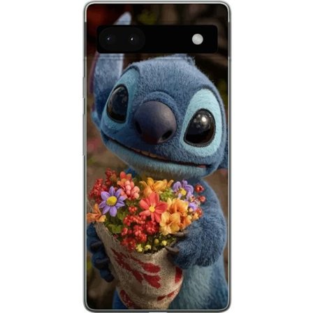 Kompatibel Mobilcover til Google Google Pixel 6a Sød blå figur med store øjne, der holder en farverig buket i en varm og kær stil