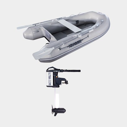 Gummibåt / gummijolle med elmotor Aquaquick 300, trädurk, grå + Haswing Ultima Travel, 3.0 hk, 1030 W, 63 cm rigglängd, med integrerat batteri (30 Ah,