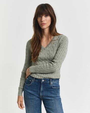 GANT Damen Zopfstrick V-Neck Pullover aus Stretch-Baumwolle (L) Grün