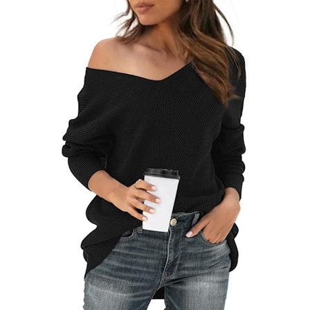 2023 Kvinners Off-Shoulder V-Neck Genser Løs Bat Wing Lang Ermet Strikket Genser Pullover