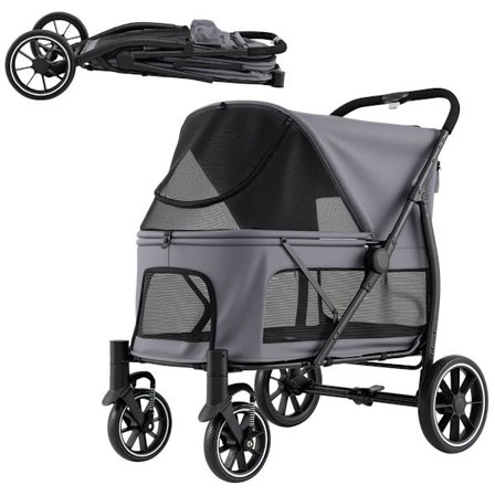 Sammenklappelig hundevogn med terrængående hjul, grå