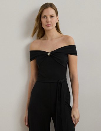 Lauren Ralph Lauren Belted Jersey Off-The-Shoulder Jumpsuit - Black - 38